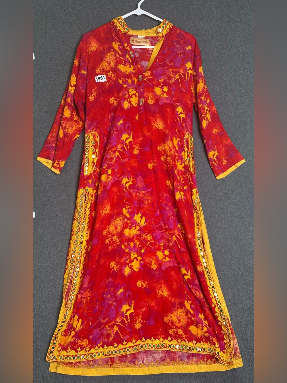 Vibrant Red & Yellow Embellished Maxi Dress Ethnic Boho Small